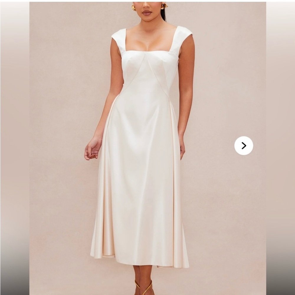 Elegant Cream Square-Neck Satin Midi Dress